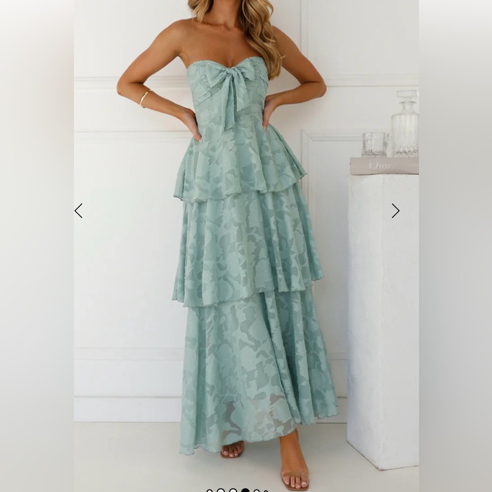 Hello Molly Sage Green Strapless Tiered Maxi Dress